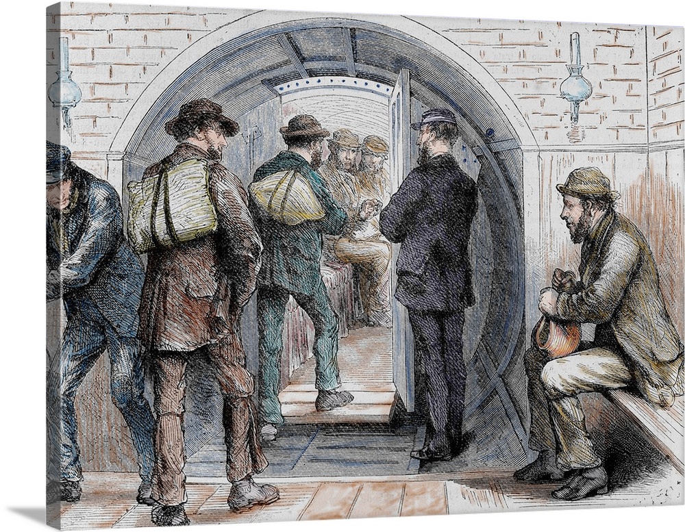 Tunnel in London. Workers going to their jobs. Colored engraving in 'The Spanish and American Illustration', 1870.