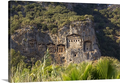 Turkey, Dalyan, The six Lycian rock-cut tombs that lie across the river from Dalyan
