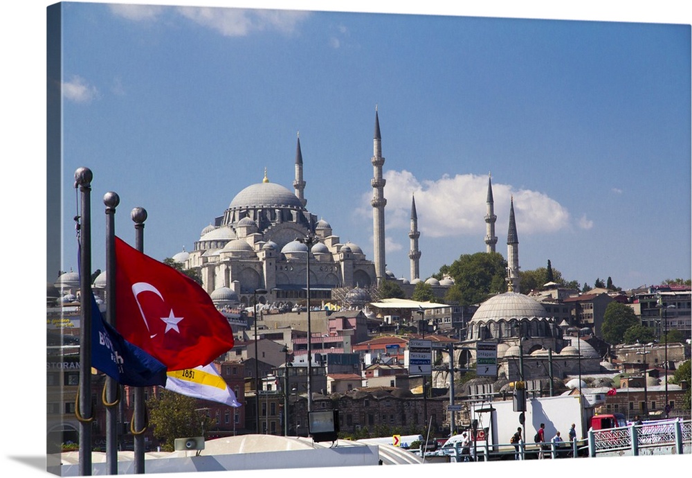 Turkey, Istanbul. Seen from waterfront, with Turkish red flag, the Blue Mosque.