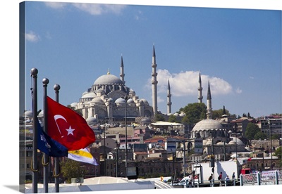Turkey, Istanbul. Seen from waterfront, with Turkish red flag, the Blue Mosque