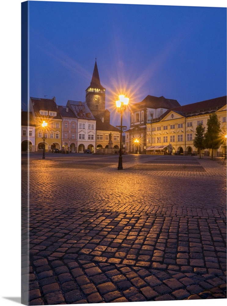 Europe, Czech Republic, Jicin. Twilight in the main square surrounded with recently restored historical buildings.
