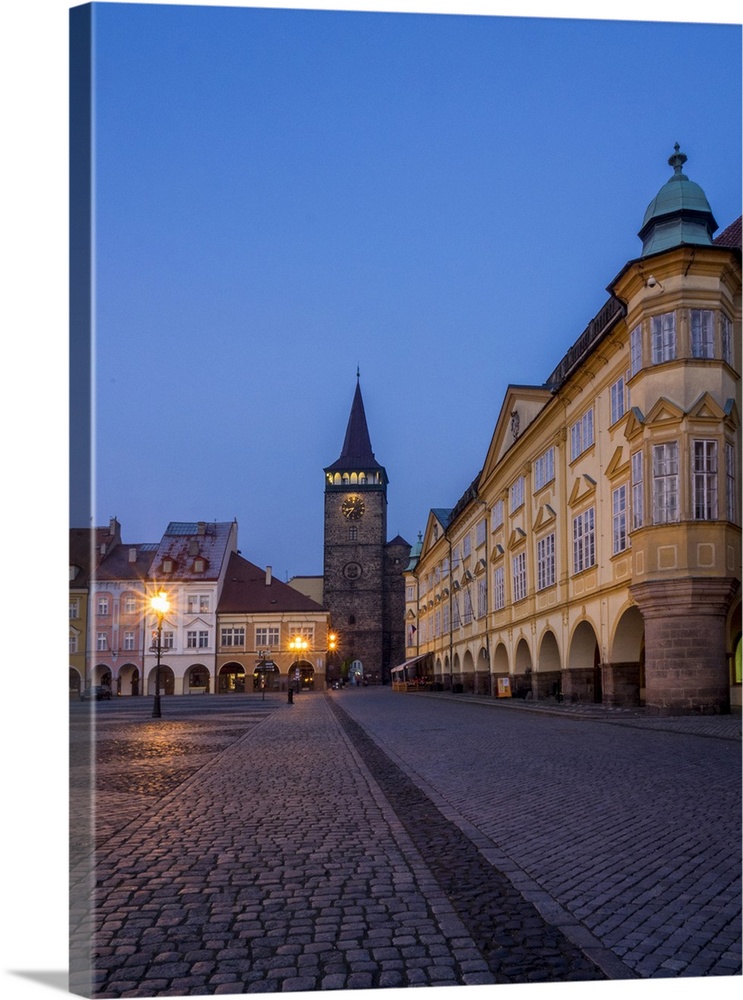 Europe, Czech Republic, Jicin. Twilight in the main square surrounded with recently restored historical buildings.