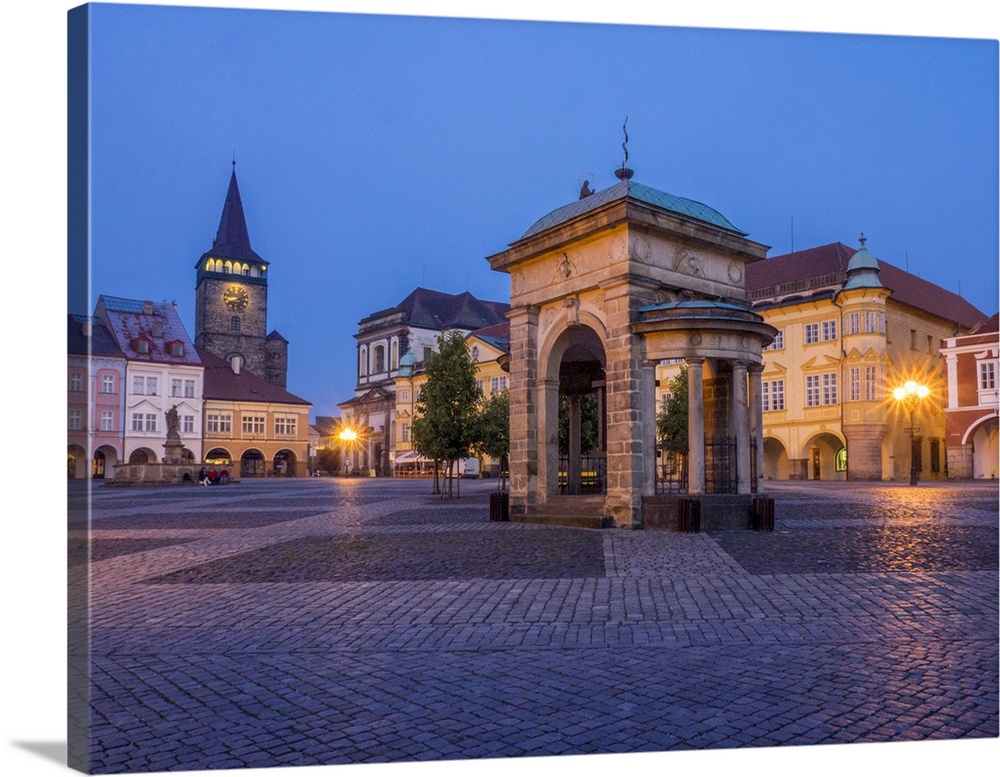 Europe, Czech Republic, Jicin. Twilight in the main square surrounded with recently restored historical buildings.