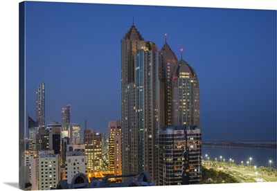 UAE, Abu Dhabi, Elevated Skyline From Corniche Road East, Dawn