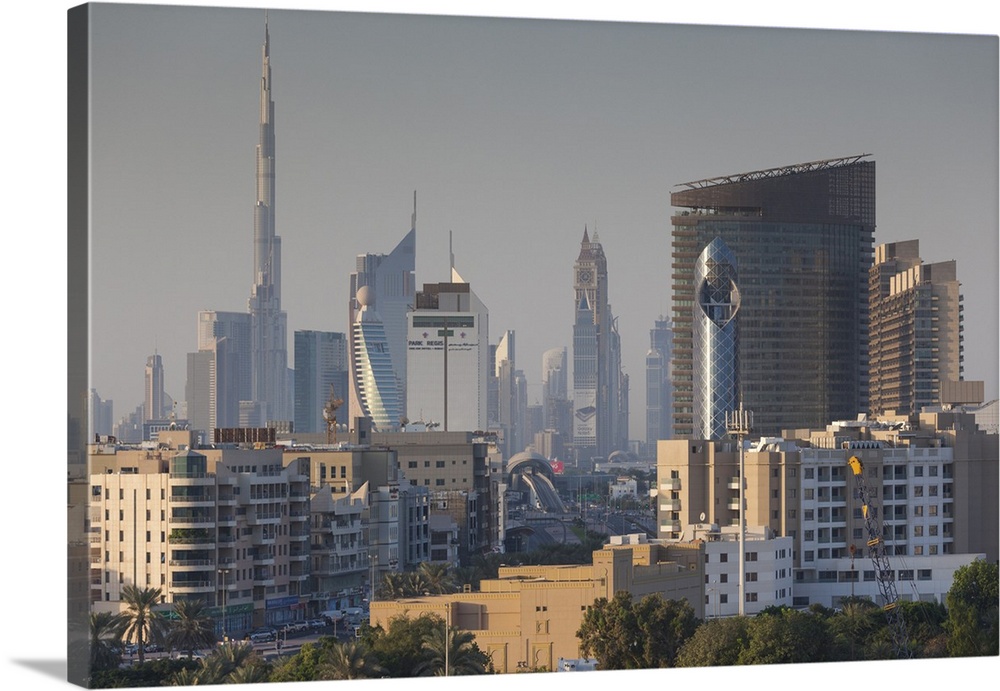 UAE, Dubai, Deira, view of downtown Dubai Skyscrapers from Dubai Creek, morning