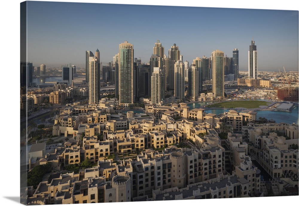UAE, Dubai, Downtown Dubai, elevated view of Downtown area