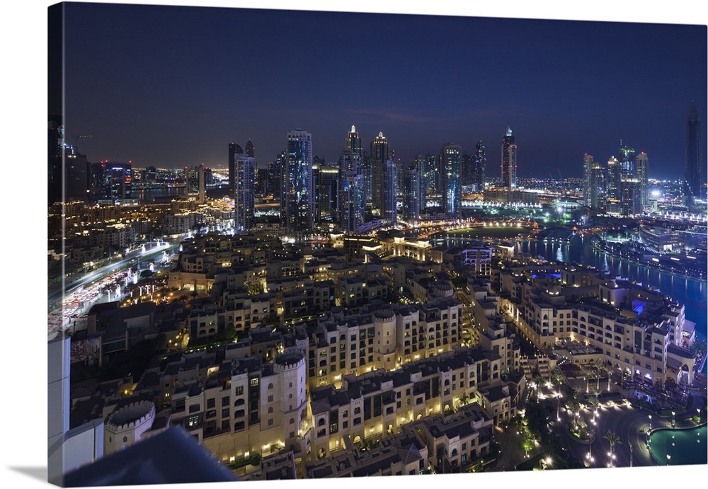 UAE, Dubai, Downtown Dubai, elevated view of Downtown area, dusk