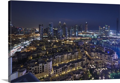 UAE, Dubai, Downtown Dubai, Elevated View Of Downtown Area, Dusk