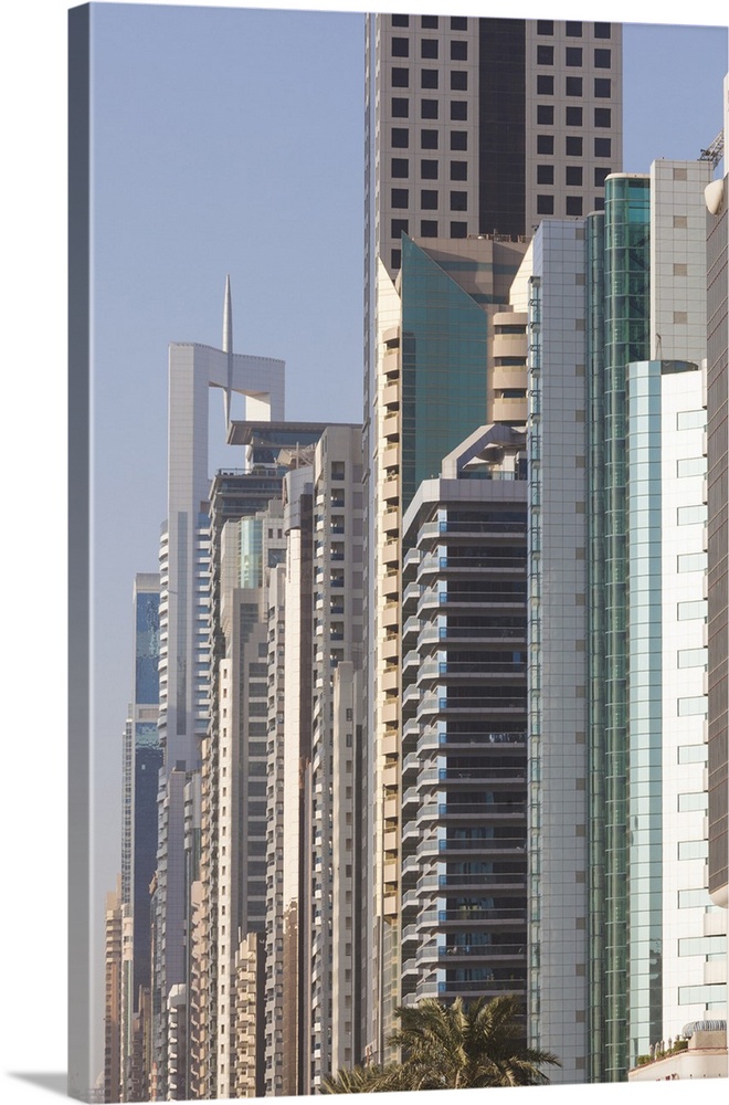 UAE, Dubai, Downtown Dubai, high rise buildings along Sheikh Zayed Road