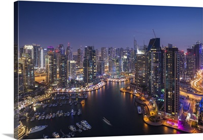 UAE, Dubai, Dubai Marina, Elevated View Of The Marina, Dusk