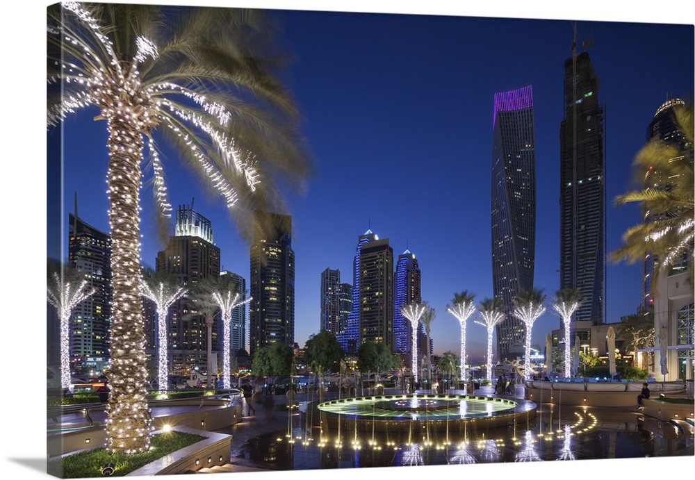 UAE, Dubai, Dubai Marina, high rise buildings including the twisted Cayan Tower, dusk