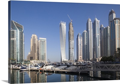 UAE, Dubai, Dubai Marina, High Rise Buildings Including The Twisted Cayan Tower, Morning