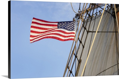 United States Flag Flying On Hawaiian Chieftain, A Square Topsail Ketch