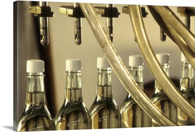 US Virgin Islands, St Croix, detail of bottles on assembly line at Cruzan Rum Distillery