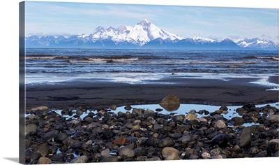 USA, Alaska, Kenai Peninsula, Seascape With Mount Redoubt And Beach
