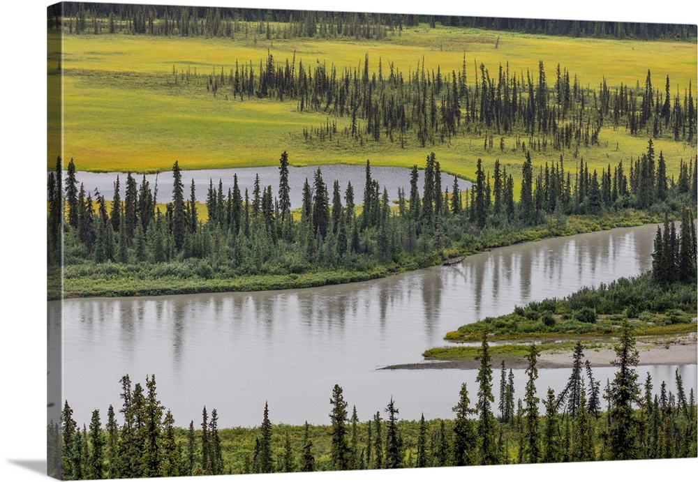 USA, Alaska, Nenana River Valley. Landscape of valley, river, and pond.