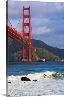 USA, California, San Francisco, Surfers Below The Golden Gate Bridge