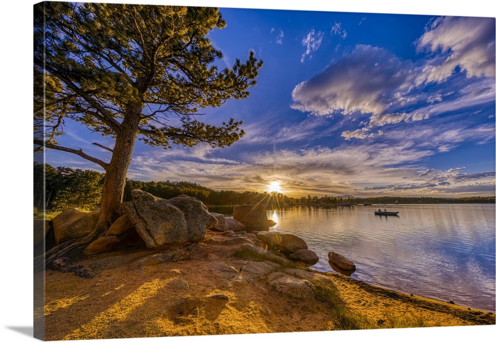 USA, Colorado, Dowdy Lake, Sunset On Lake And People Fishing In Boat  Solid-Faced Canvas Print
