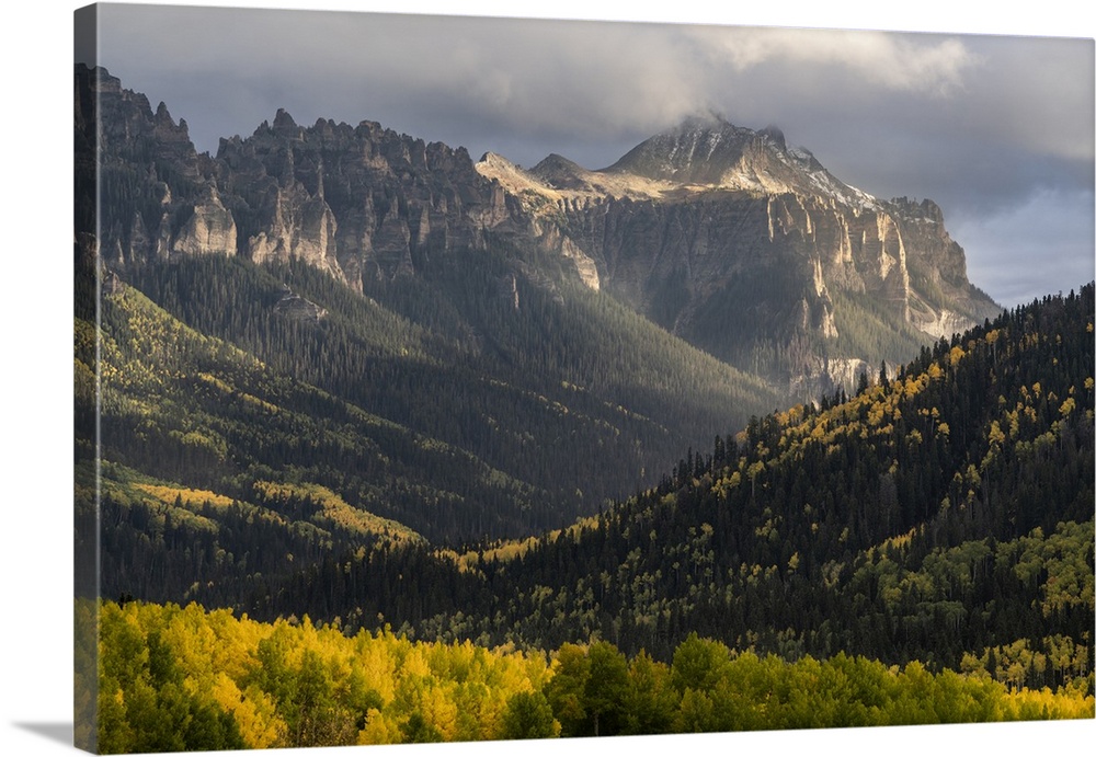 USA, Colorado, Uncompahgre National Forest. Rainstorm over Pinnacle Ridge in autumn. United States, Colorado.