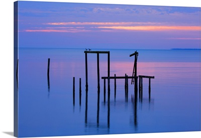 USA, Florida, Apalachicola, Remains Of An Old Dock At Sunrise