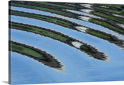 USA. Green trees reflected in river with ripples on the water.