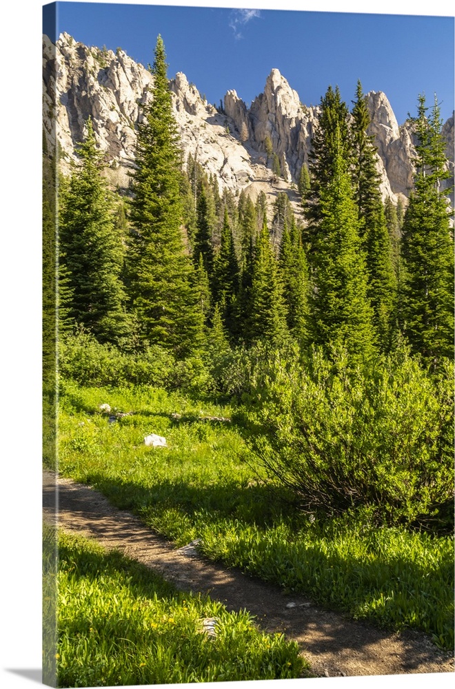 USA, Idaho, Sawtooth Wilderness. Trail in mountain and valley landscape.