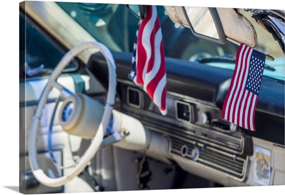 USA, Massachusetts, Cape Ann, Gloucester, classic cars, 1960's car interior with US flag