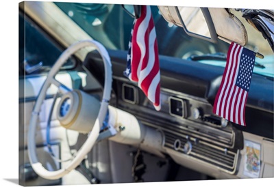 USA, Massachusetts, Cape Ann, Gloucester, classic cars, 1960's car interior with US flag