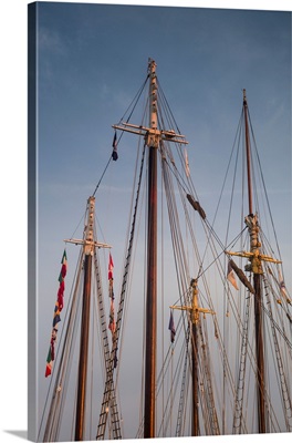 USA, Massachusetts, Cape Ann, Gloucester Schooner Festival, schooner masts at dusk