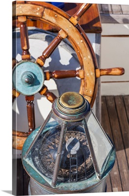 USA, Massachusetts, Cape Ann, Gloucester, schooner marine compass and ship's wheel