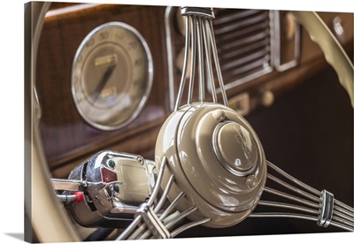 USA, Massachusetts, Essex, Antique Cars, 1940's-Era Steering Wheel Interior Detail