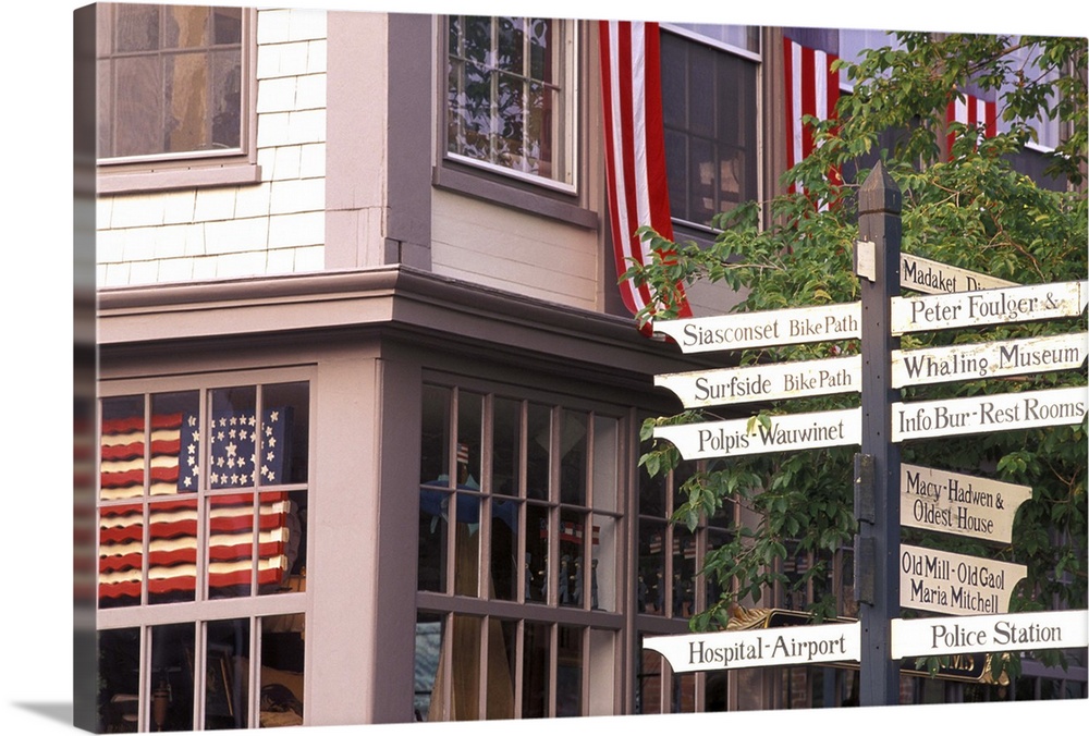 NA, USA, Massachusetts, Nantucket Island, Nantucket Town.Road signs and flags; patriotism