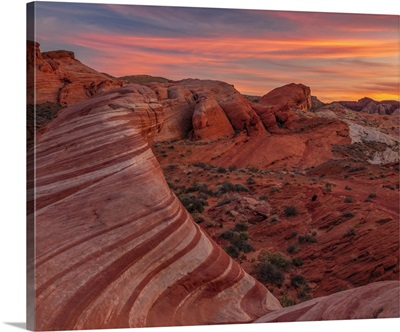 USA, Nevada, Overton, Valley Of Fire State Park, Multi-Colored Rock Formations At Sunset