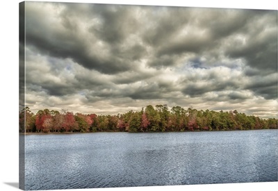 USA, New Jersey, Belleplain State Forest, Storm Clouds Over Lake And Forest