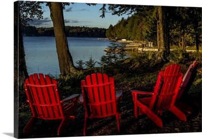 USA, New York, Adirondack State Park, Chairs On Lake Shore