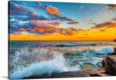 USA, New York, Lake Ontario, Sunset Waves On Rocky Shoreline