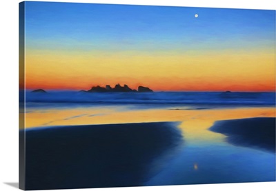USA, Oregon, Bandon, Painterly Abstract Of Beach Moonset At Sunrise