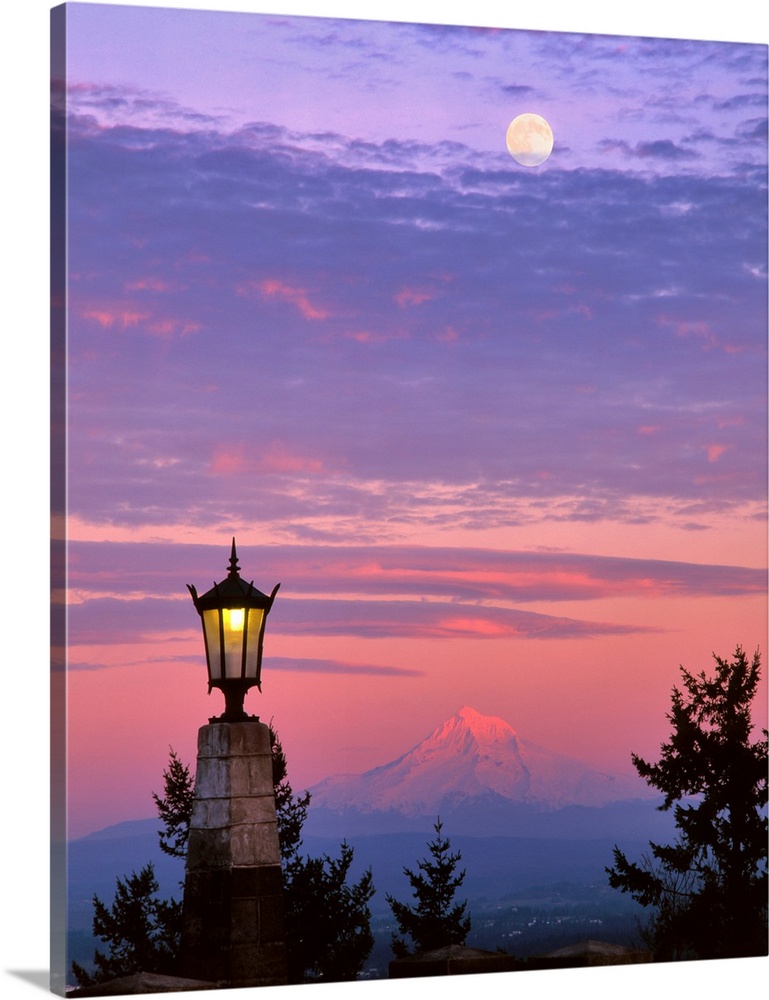 USA, Oregon, Portland. Mt Hood with moonrise at sunset.