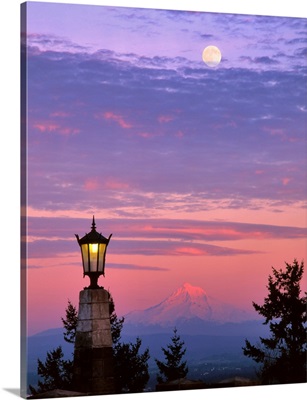 USA, Oregon, Portland, Mt Hood With Moonrise At Sunset