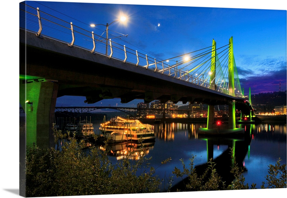 USA, Oregon, Portland. Tilikum Bridge Crossing and The Portland Spirit boat on Willamette River.