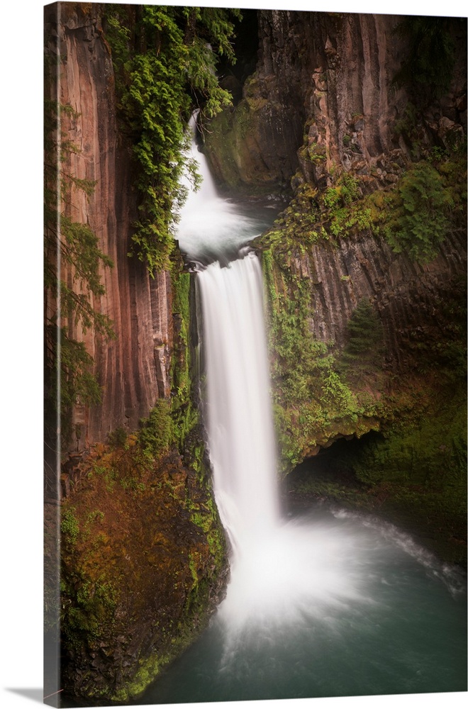 USA, Oregon. Toketee Falls flows over columnar basalt rock cliff.