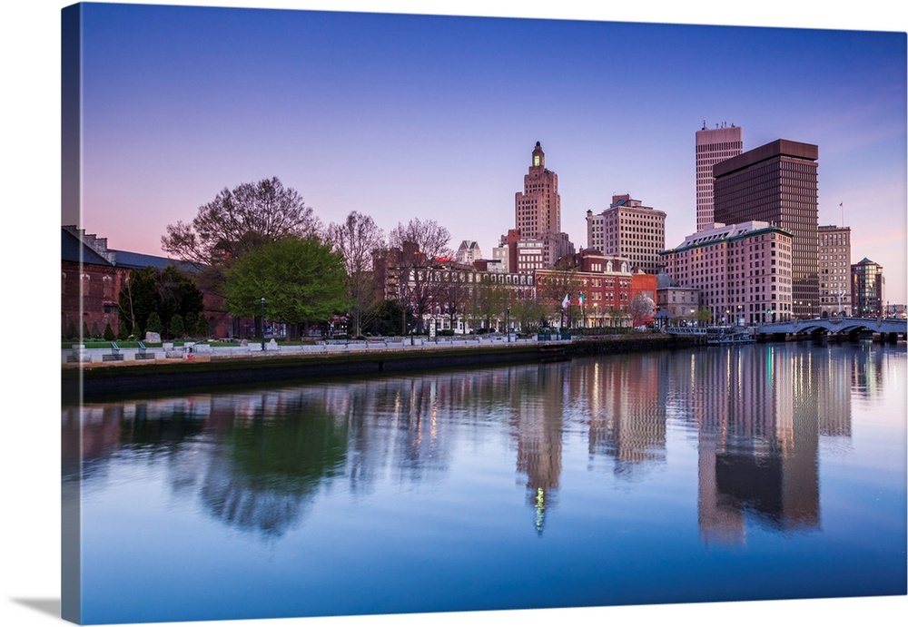 USA, Rhode Island, Providence, city skyline from the Providence River at dawn