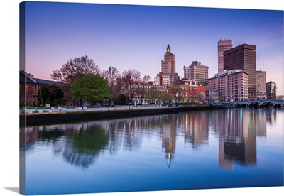 USA, Rhode Island, Providence, City Skyline From The Providence River At Dawn