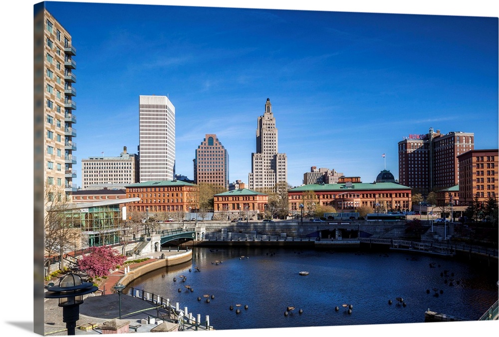 USA, Rhode Island, Providence, city skyline from Waterplace Park