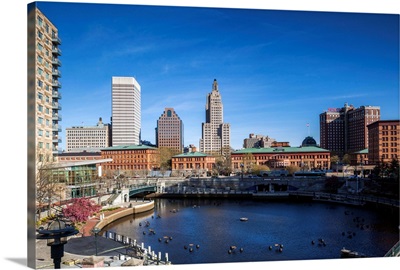 USA, Rhode Island, Providence, City Skyline From Waterplace Park