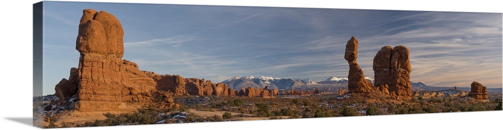 USA, Utah, Panoramic Image Of Balanced Rock At Sunset, Arches National Park