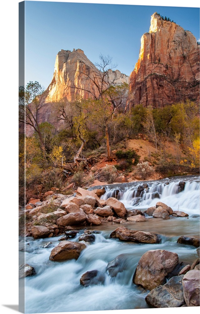 USA, Utah, Zion National Park. The Patriarchs formation and Virgin River.