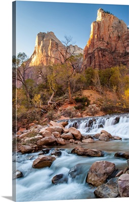 USA, Utah, Zion National Park, The Patriarchs Formation And Virgin River