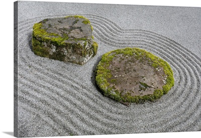 USA, Washington, Bainbridge Island, Raked Sand Around Rock
