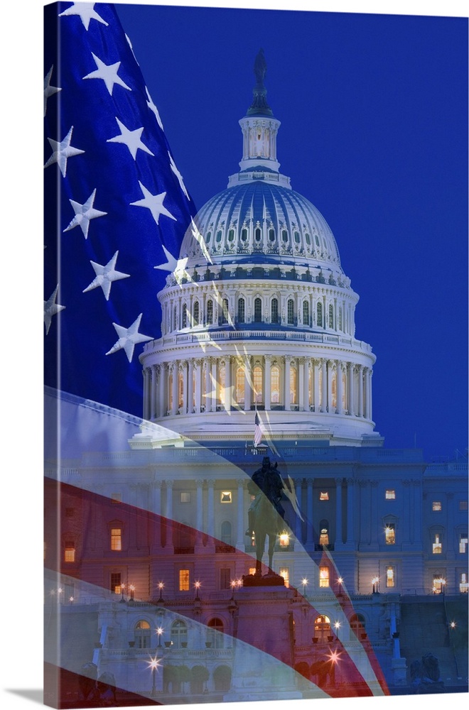 USA, Washington, DC. Composite of flag and Capitol Building at night.